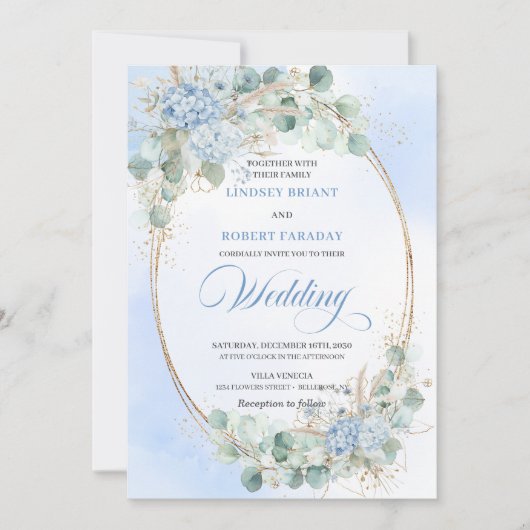 Invitation Elegant Blue Hydrangea Wheat Gold Oval Wedding   (Devant)