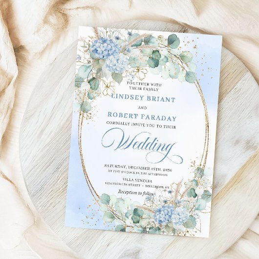 Invitation Elegant Blue Hydrangea Wheat Gold Oval Wedding  