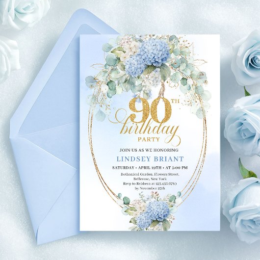 Invitation Elegant Blue Hydrangeas Gold 90th Birthday Invites