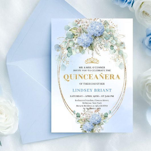 Invitation Elegant Blue Hydrangeas Gold Quinceañera Invite