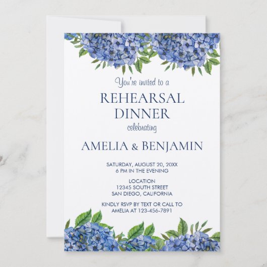 Invitation Elégant Blue Hydrangeas Mariage Dîner de répétitio (Devant)