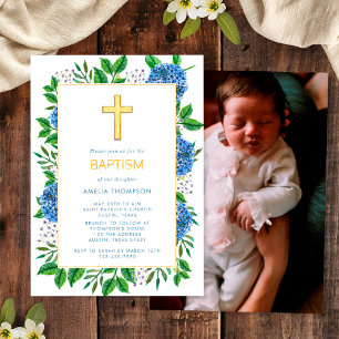 Invitation Élégant Blue Hydrangeas Photo Gold Cross Baptême