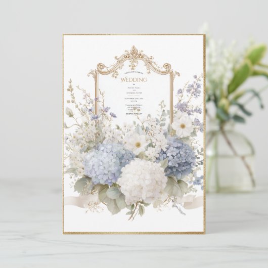 Invitation Elegant Blue Hydrangeas Vintage Wedding (Debout devant)