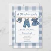 Invitation Elegant Blue Jean Clothesline Denim Baby Shower (Devant)