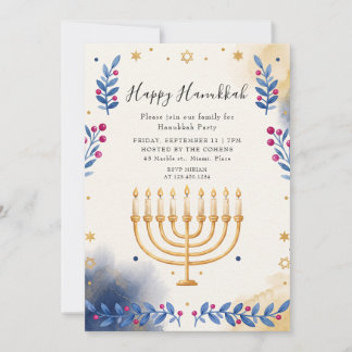 Invitation Élégant Blue Latkes Menorah Fête Hanoukka Juive