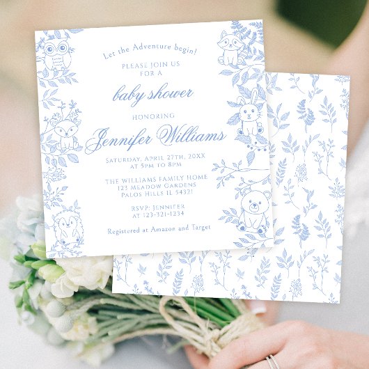 Invitation Elégant Blue Line Art Woodland Baby Boy Douche