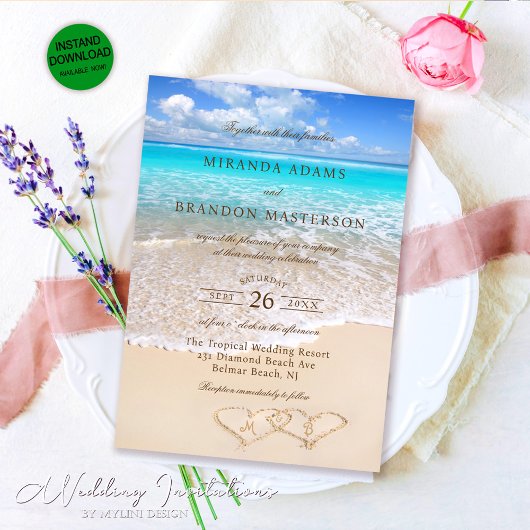 Invitation Elégant Blue Ocean Tropical Beach Mariage