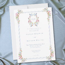 Invitation Elegant Blue Pastel Wildflower Regal Crest Wedding