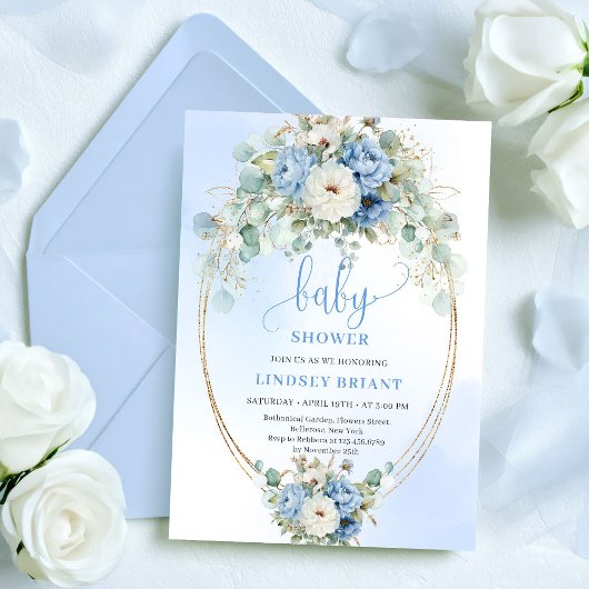 Invitation Elegant Blue Peonies Greenery Baby Shower Invite