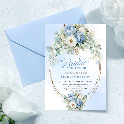Invitation Elegant Blue Peonies Greenery Bridal Shower Invite