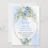 Invitation Elegant Blue Peonies Greenery Gold Baby Shower  (Devant)