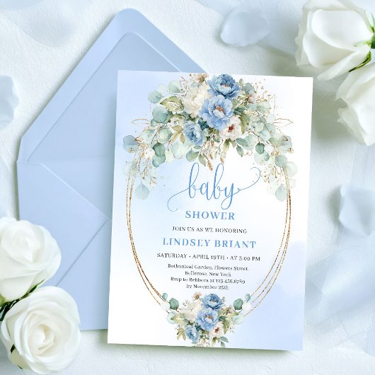 Invitation Elegant Blue Peonies Greenery Gold Baby Shower 