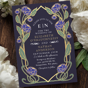 Invitation Elégant Blue Peony Art Nouveau Floral Mariage