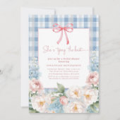 Invitation Elegant Blue Pink Floral Bow Gingham Bridal Shower (Devant)