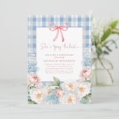 Invitation Elegant Blue Pink Floral Bow Gingham Bridal Shower (Debout devant)