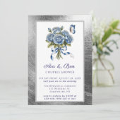 Invitation Elegant Blue Roses Butterfly Silver Couples Shower (Debout devant)
