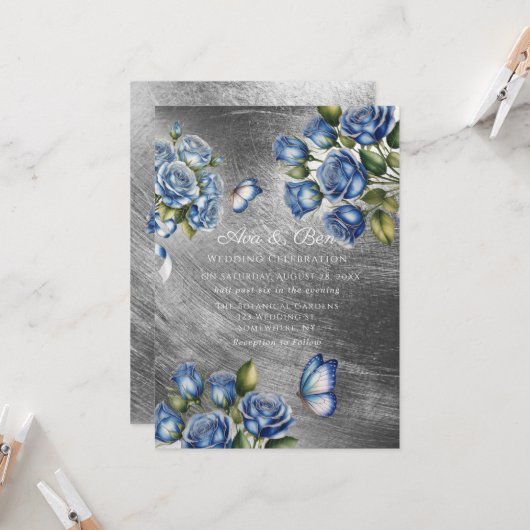 Invitation Elegant Blue Roses Butterfly Silver Wedding (Devant/Arrière en situation)