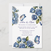 Invitation Elegant Blue Roses Butterfly Silver Wedding (Devant)