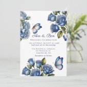 Invitation Elegant Blue Roses Butterfly Silver Wedding (Debout devant)