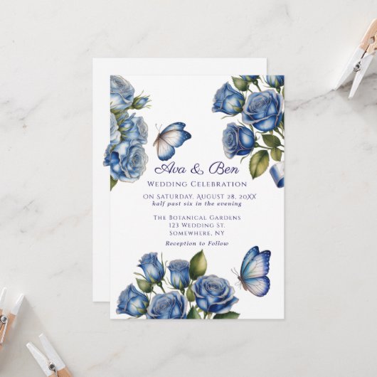 Invitation Elegant Blue Roses Butterfly Silver Wedding (Devant/Arrière en situation)