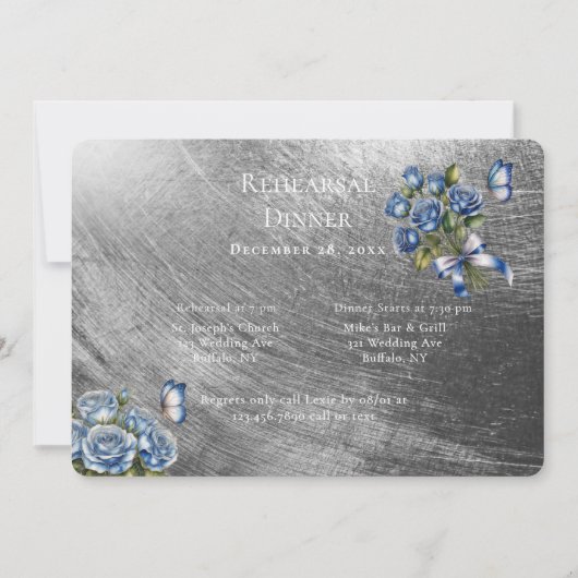 Invitation Elegant Blue Roses Silver Rehearsal Dinner (Devant)