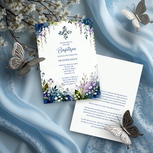 Invitation Elegant Blue Shades Floral Frame Arch Baptisme