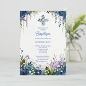 Invitation Elegant Blue Shades Floral Frame Arch Baptisme (Debout devant)