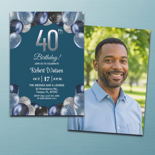 Invitation Elegant Blue Silver Glitter 40th Birthday Photo