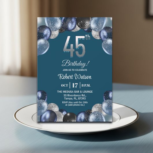 Invitation Elegant Blue Silver Glitter 45th Birthday Party