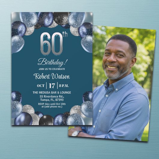 Invitation Elegant Blue Silver Glitter 60th Birthday Photo