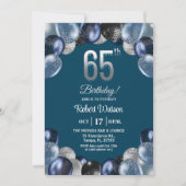 Invitation Elegant Blue Silver Glitter 65th Birthday Party (Devant)