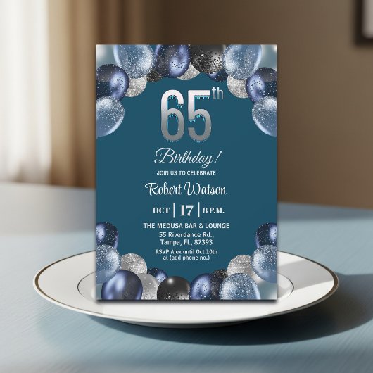Invitation Elegant Blue Silver Glitter 65th Birthday Party