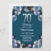Invitation Elegant Blue Silver Glitter 70th Birthday Photo (Devant)
