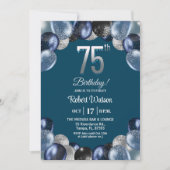 Invitation Elegant Blue Silver Glitter 75th Birthday Photo (Devant)