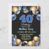 Invitation Elegant Blue Silver Gold 40th Birthday Photo (Devant)