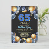 Invitation Elegant Blue Silver Gold 65th Birthday Photo (Debout devant)