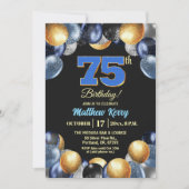 Invitation Elegant Blue Silver Gold 75th Birthday Photo (Devant)
