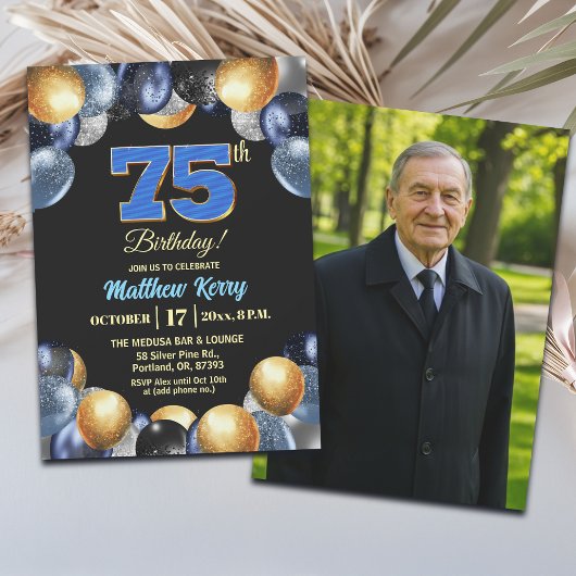 Invitation Elegant Blue Silver Gold 75th Birthday Photo