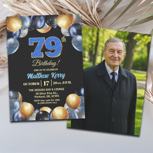Invitation Elegant Blue Silver Gold 79th Birthday Photo