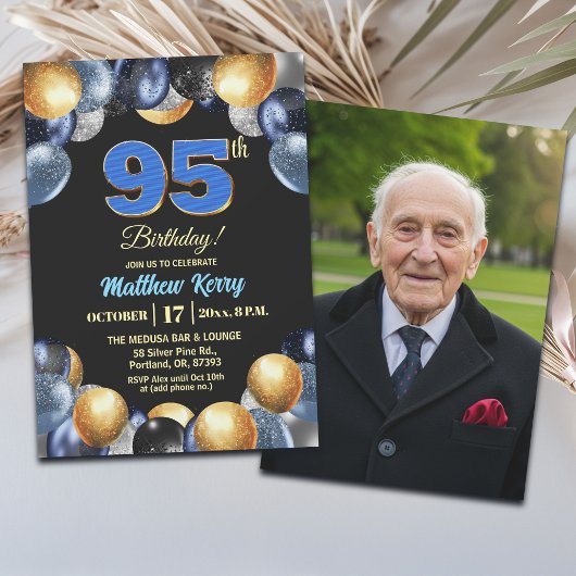 Invitation Elegant Blue Silver Gold 95th Birthday Photo