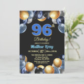 Invitation Elegant Blue Silver Gold 96th Birthday Party (Debout devant)