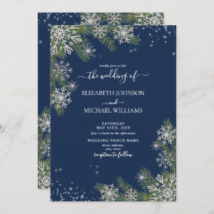 Invitation Elégant Blue Silver Snowflake Pine Hiver Mariage