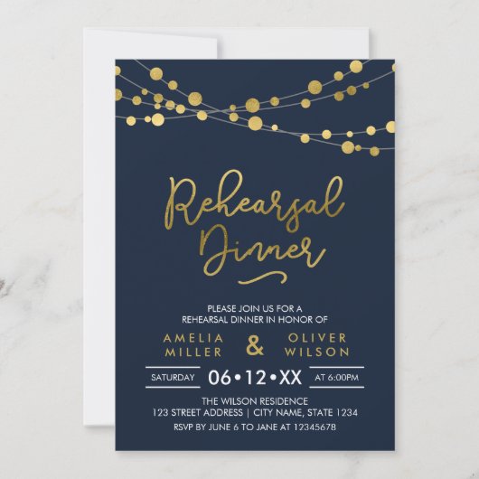 Invitation Élégant Blue Strings of Lights Dîner de répétition (Devant)
