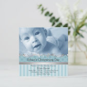 Invitation Elégant Blue Stripe Boys Photo Christening (Debout devant)