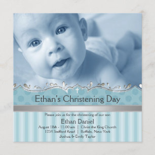 Invitation Elégant Blue Stripe Boys Photo Christening