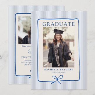 Invitation Elegant Blue Stripes Bow Frame Graduation Party