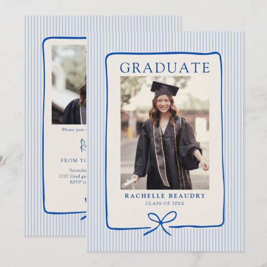 Invitation Elegant Blue Stripes Bow Frame Graduation Party (Devant / Derrière)
