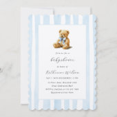Invitation Elegant Blue Stripes Teddy Bear Baby Shower (Devant)