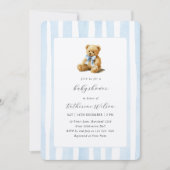 Invitation Elegant Blue Stripes Teddy Bear Baby Shower  (Devant)