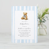 Invitation Elegant Blue Stripes Teddy Bear Baby Shower  (Debout devant)